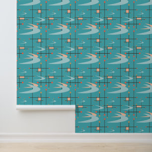 Papel Pintado Boomerangs modernos de mediados de siglo, turquesa