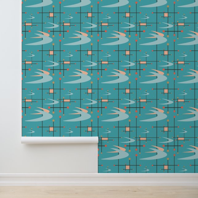 Papel Pintado Boomerangs modernos de mediados de siglo, turquesa (Solicitud)