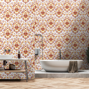 Papel Pintado Borgoña Naranja Blanco Damask Floral y palo