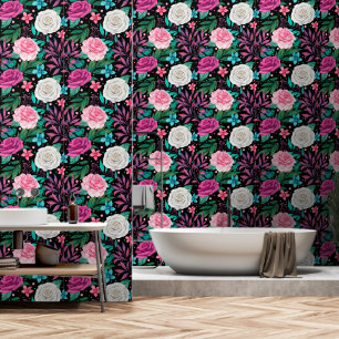 Papel Pintado Borgoña rosa blanco rosa en negro