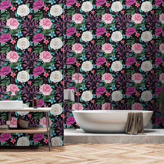 Papel Pintado Borgoña rosa blanco rosa en negro (Baño)