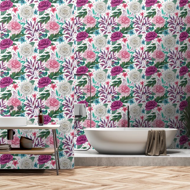Papel Pintado Borgoña rosa blanco rosa sobre blanco (Baño)