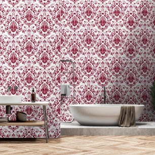 Papel Pintado Borgoña y Damasco blanco cáscara y palo floral