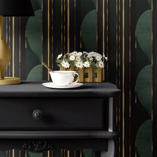 Papel Pintado Bosque Art Deco Verde y Franja de Círculo Dorado (Subido por el creador)