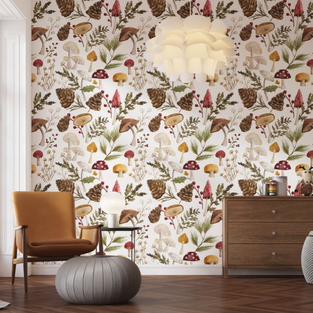 Papel Pintado Bosque de setas de madera rústica (Rustic Woodland Watercolor Woodsy Mushroom Forest Wallpaper)