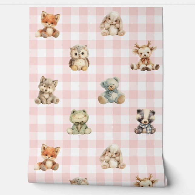 Papel Pintado Bosque de Woodland Animales Pink Plaid Baby Girl (Desenrollar)