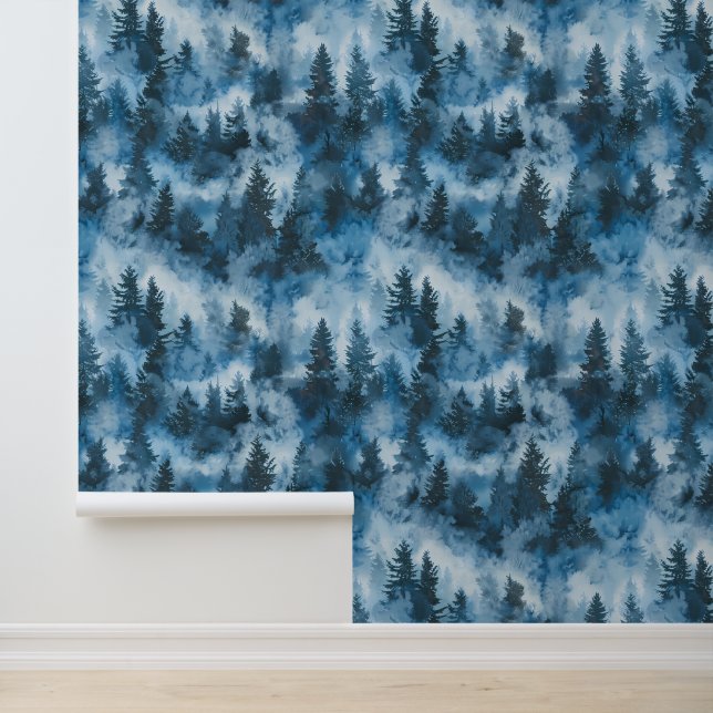 Papel Pintado Bosque Evergreen azul en niebla (Solicitud)