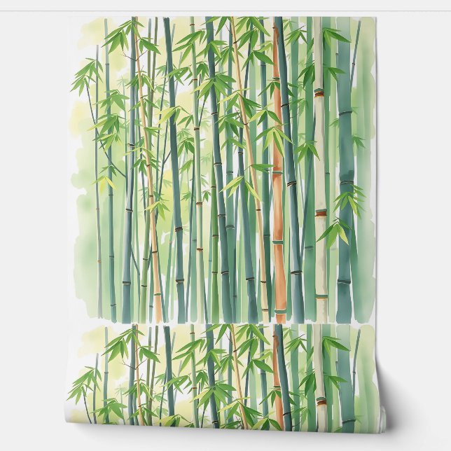 Papel Pintado Bosque pacífico de bambú en acuarela (Desenrollar)