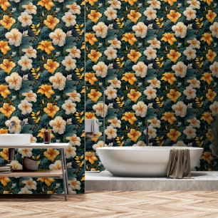 Papel Pintado Bosque tropical Hibiscus verde y amarillo