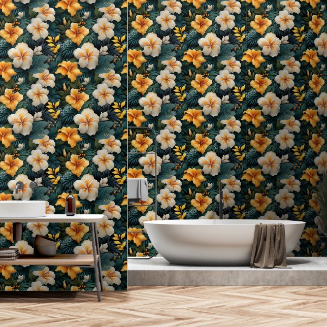 Papel Pintado Bosque tropical Hibiscus verde y amarillo (Baño)
