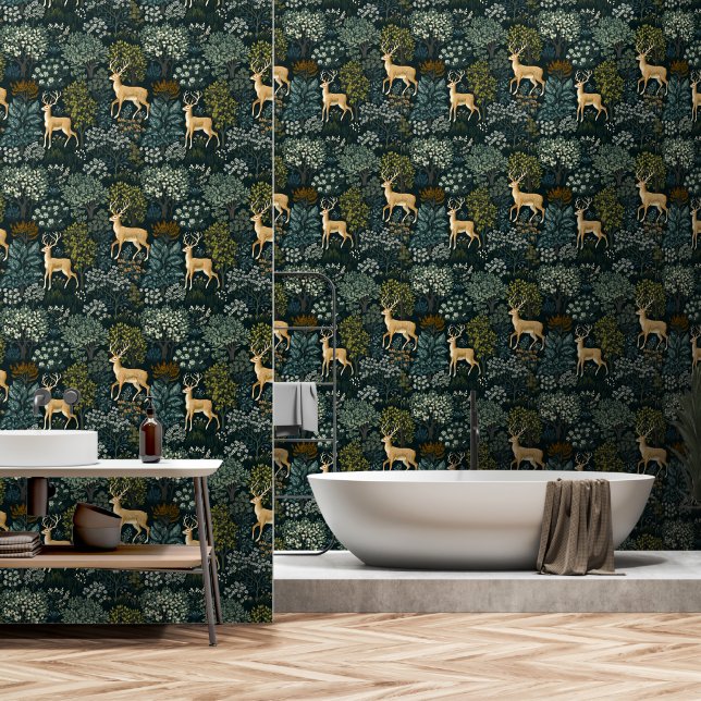 Papel Pintado Bosque y ciervo, inspirado William Morris Design (Baño)