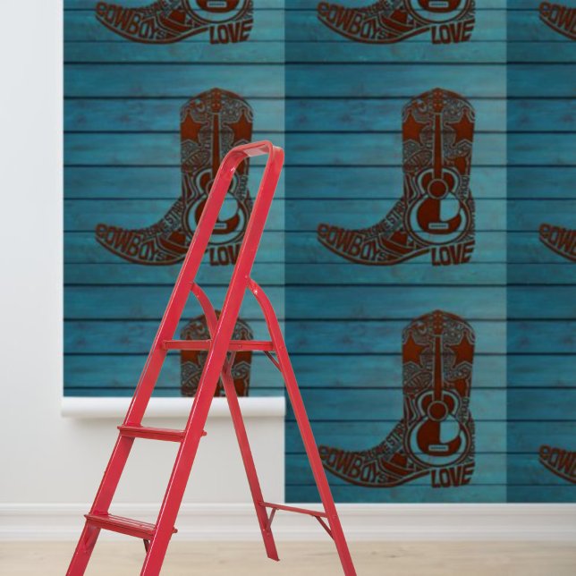 Papel Pintado Bota de vaquero marrón pepino y palo bota de vaque (Peel and Stick brown cowboy boot western blue wood Wallpaper)
