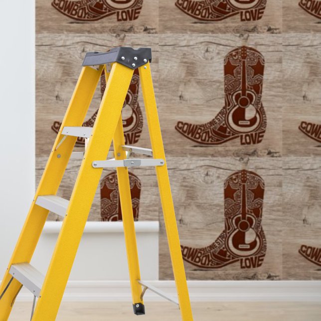 Papel Pintado Bota de vaquero marrón Pez y Palo Cartel de madera (Peel and Stick brown cowboy boot western wood sign Wallpaper)