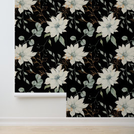 Papel Pintado Botánica floral blanca clásica sobre negro