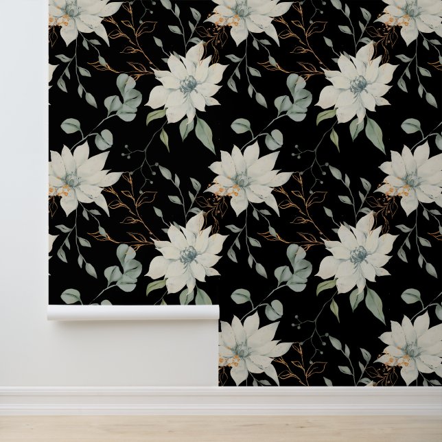 Papel Pintado Botánica floral blanca clásica sobre negro (Solicitud)
