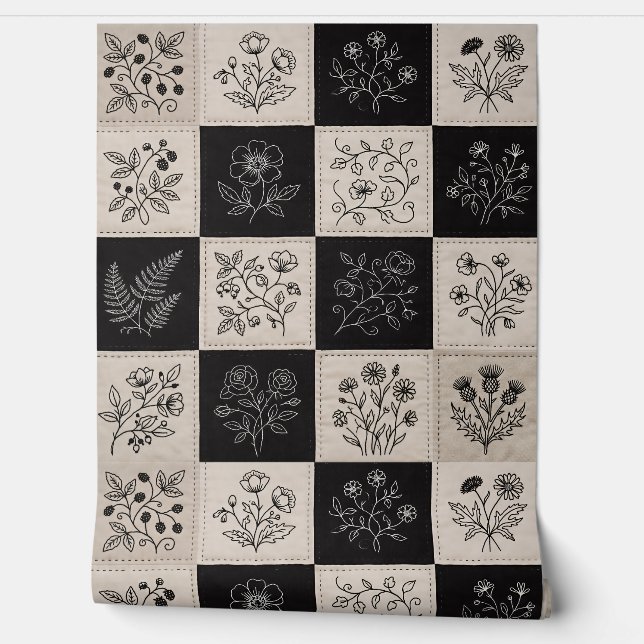 Papel Pintado Botanical Floral Leather Look Patchwork Stitched (Desenrollar)