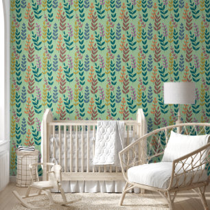 Papel Pintado Botánico Amarillo Verde Azul Naranja Rosa Hojas