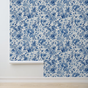 Papel Pintado Botánico Floral Acuarela Chinoiserie Azul