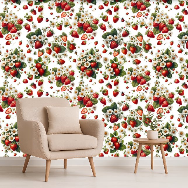 Papel pintado botánico floral de fresa Cottage (Strawberry Floral Botanical Cottage Wallpaper)