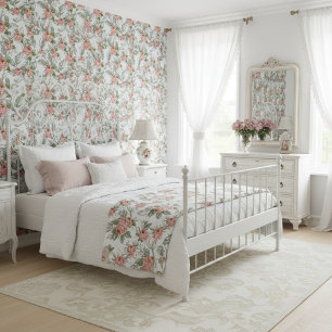 Papel Pintado Botánico floral rosa vintage hoja verde elegante