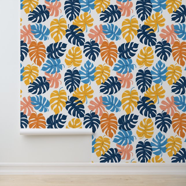 Papel Pintado Brillante azul amarillo verano tropical monstera (Solicitud)