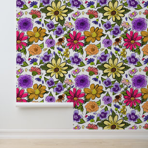 Papel Pintado Brillante Hermoso Boho Flores Gran Repetición