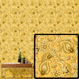 Papel Pintado Brillante Profundo Amarillo Floral Paisley Elegant