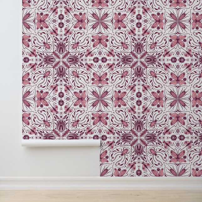 Papel Pintado Bugs, magenta oscuro y rosa sobre blanco (Solicitud)