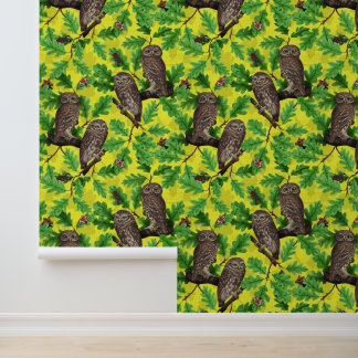 Papel Pintado Búhos en el bosque sobre amarillo limón