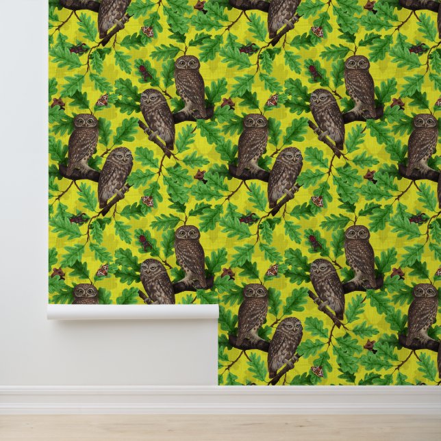 Papel Pintado Búhos en el bosque sobre amarillo limón (Solicitud)