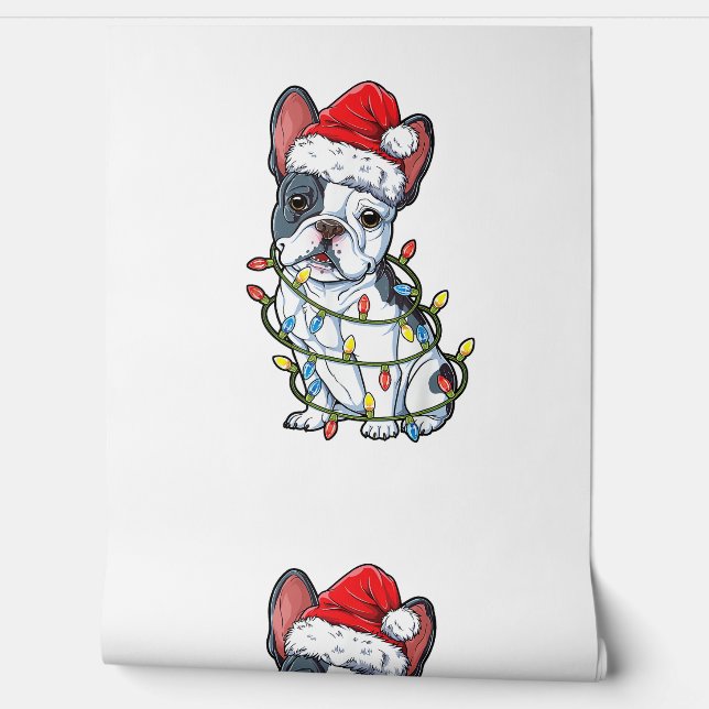 Papel Pintado Bulldog francés Santa Christmas Tree enciende a Na (Desenrollar)