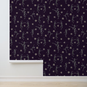 Papel Pintado Burlonos esqueletos bailando morado oscuro