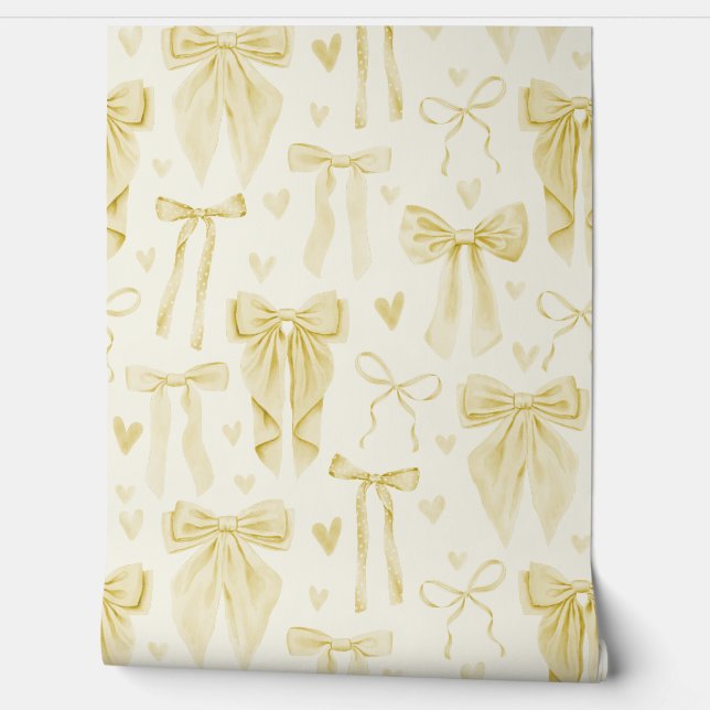 Papel Pintado Butter Yellow Bows and Hearts on Cream (Desenrollar)