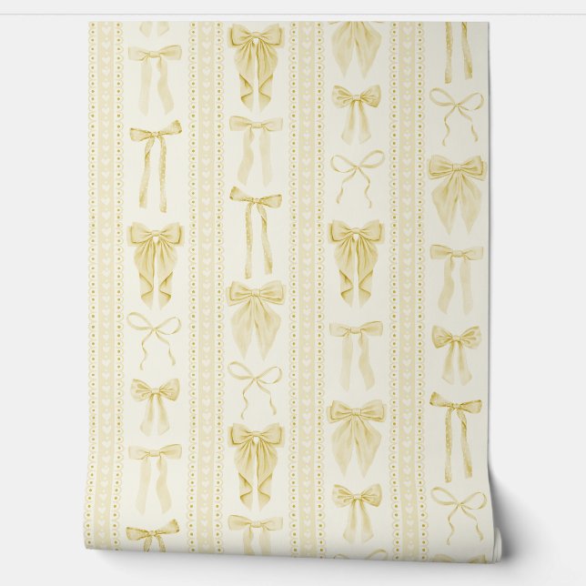 Papel Pintado Butter Yellow Bows and Lace Vertical Stripes (Desenrollar)