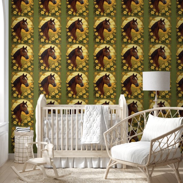 Papel Pintado Caballo Rodeado De Flores De Jazmín Amarillas (Niños)