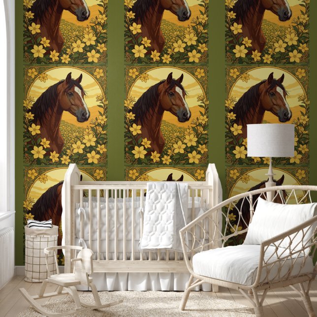 Papel Pintado Caballo Rodeado De Flores De Jazmín Amarillo (Niños)