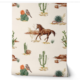 Papel Pintado Caballo y Cactus de Agua Fuerte Desértico Silvestr