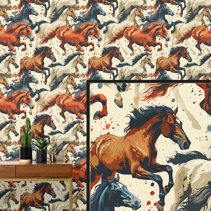 Papel Pintado Caballos al galope Marrón Crema Blanco