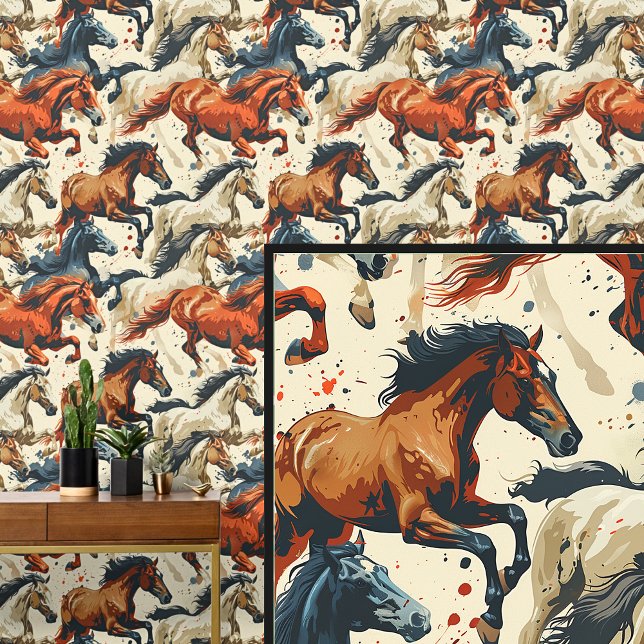 Papel Pintado Caballos al galope Marrón Crema Blanco (Subido por el creador)