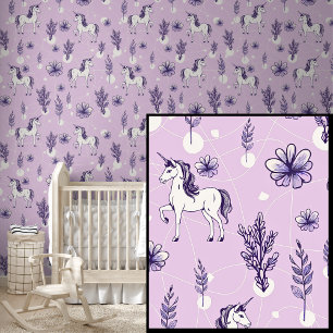 Papel Pintado Caballos blancos de unicornio en malva