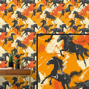 Papel Pintado Caballos Negros Galopando sobre Crema de Naranja