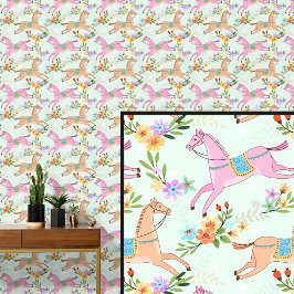 Papel Pintado Caballos y flores marrones rosados