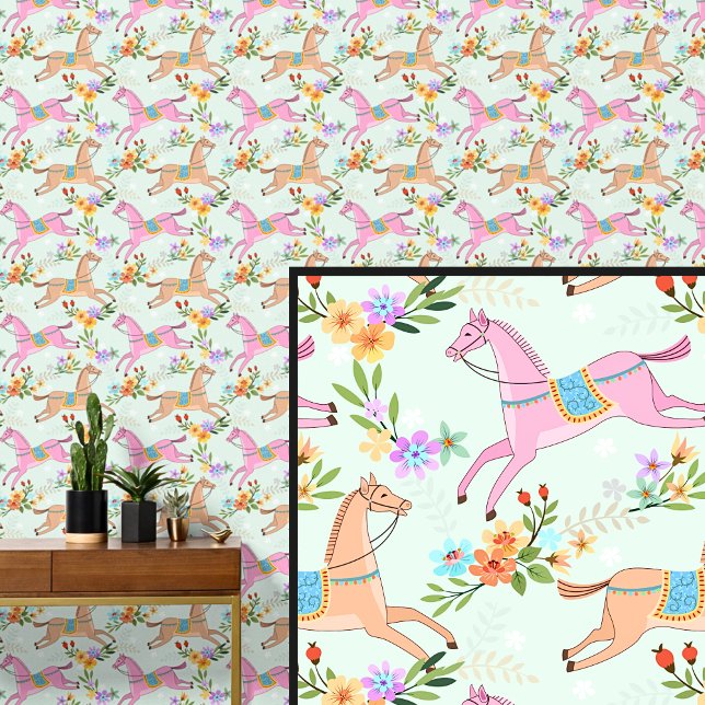 Papel Pintado Caballos y flores marrones rosados (Subido por el creador)