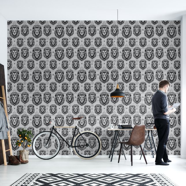 Papel Pintado Cabezas de león negro y blanco (Sala de estar)