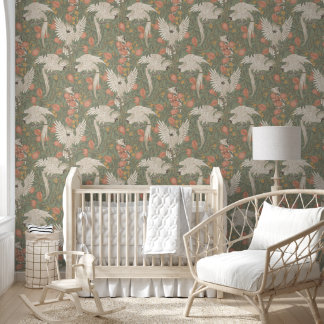 Papel Pintado Cacatúa y granada en verde salvia