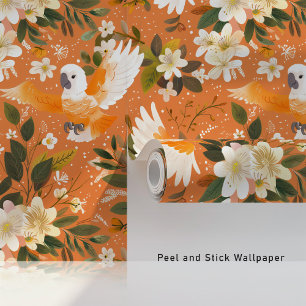 Papel Pintado Cacatúas Florales en Flor Naranja