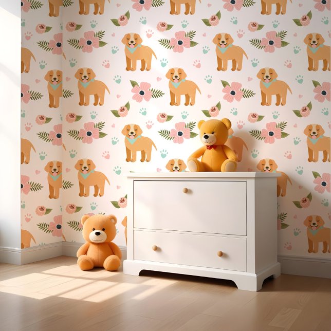 Papel Pintado Cachorros de recuperación de oro y patrón floral (Cute Golden Retriever Puppies & Floral Pattern Wallpaper)
