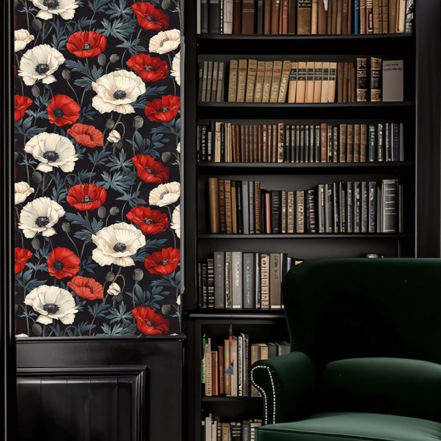 Papel Pintado Cachorros rojos y blancos de la Academia Oscura (Dark Academia Red and White Poppies Wallpaper in a library.)