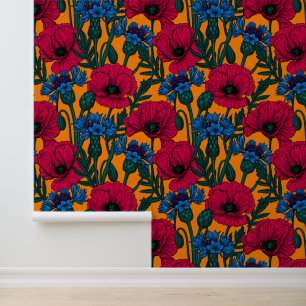 Papel Pintado Cachorros rojos y flores azules en naranja