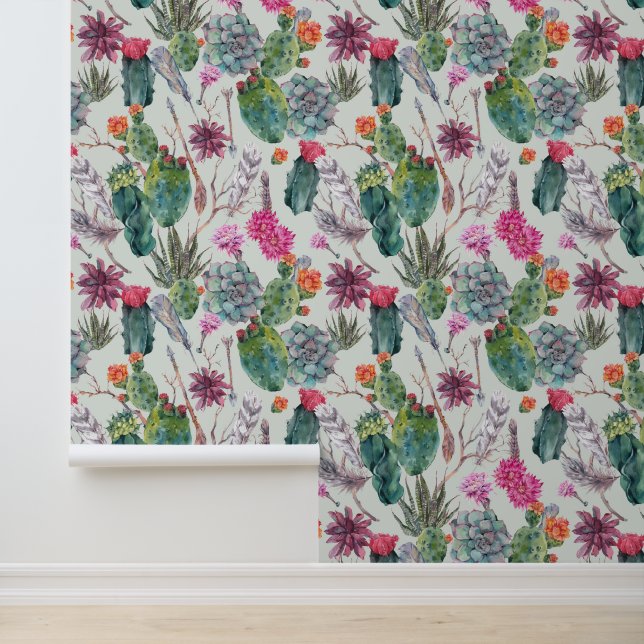 Papel Pintado Cactus de acuarela Boho exótico y patrón suculento (Solicitud)